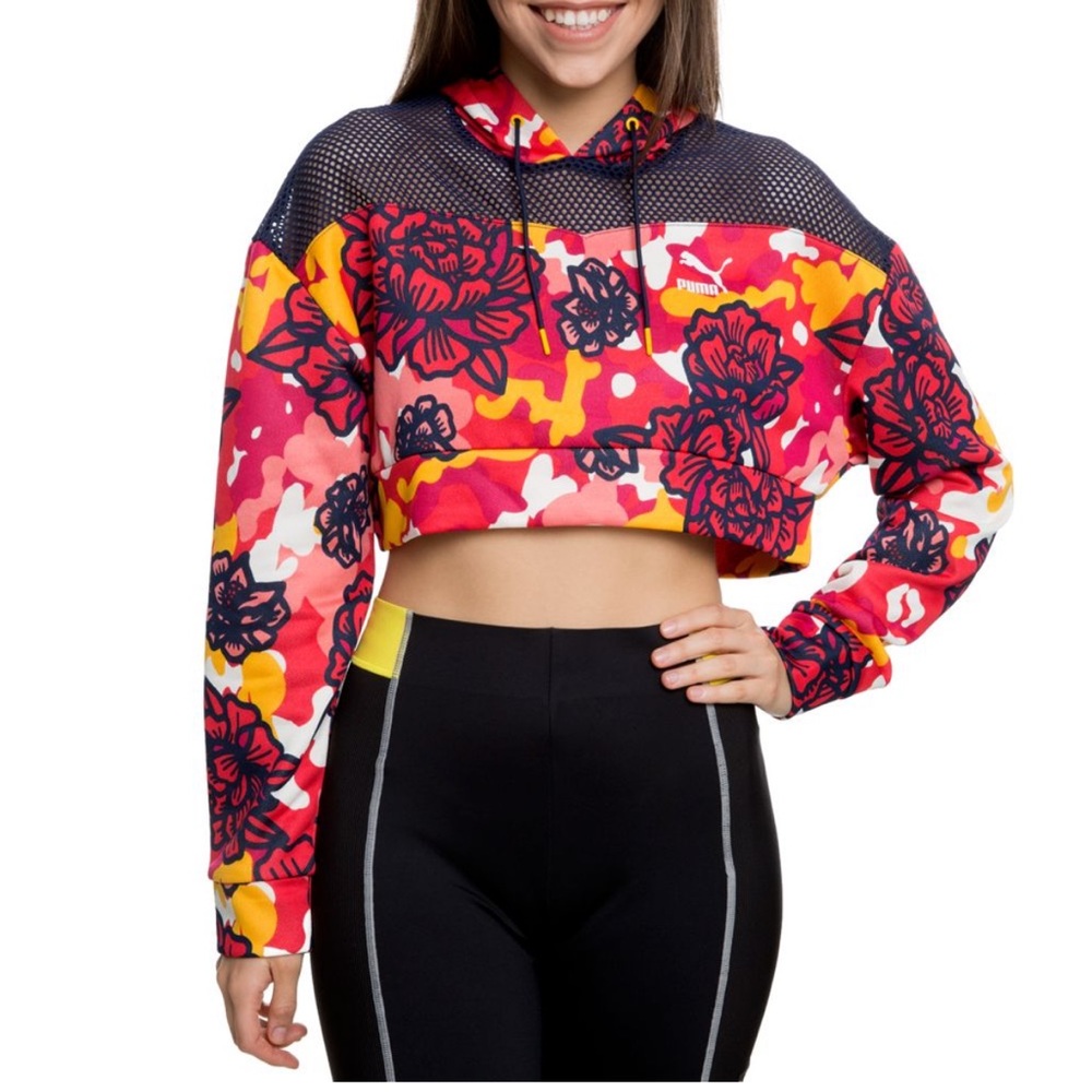 Puma Women's Vibrant Floral Cropped Hoodie - Red and Yellow